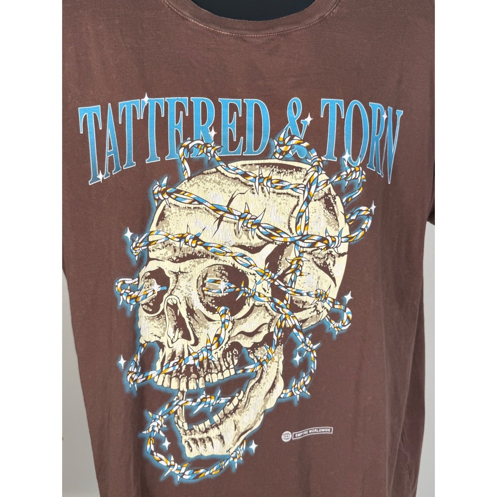 Empyre Tattered & Torn Skull Graphic T-Shirt Brown Large Streetwear Tee